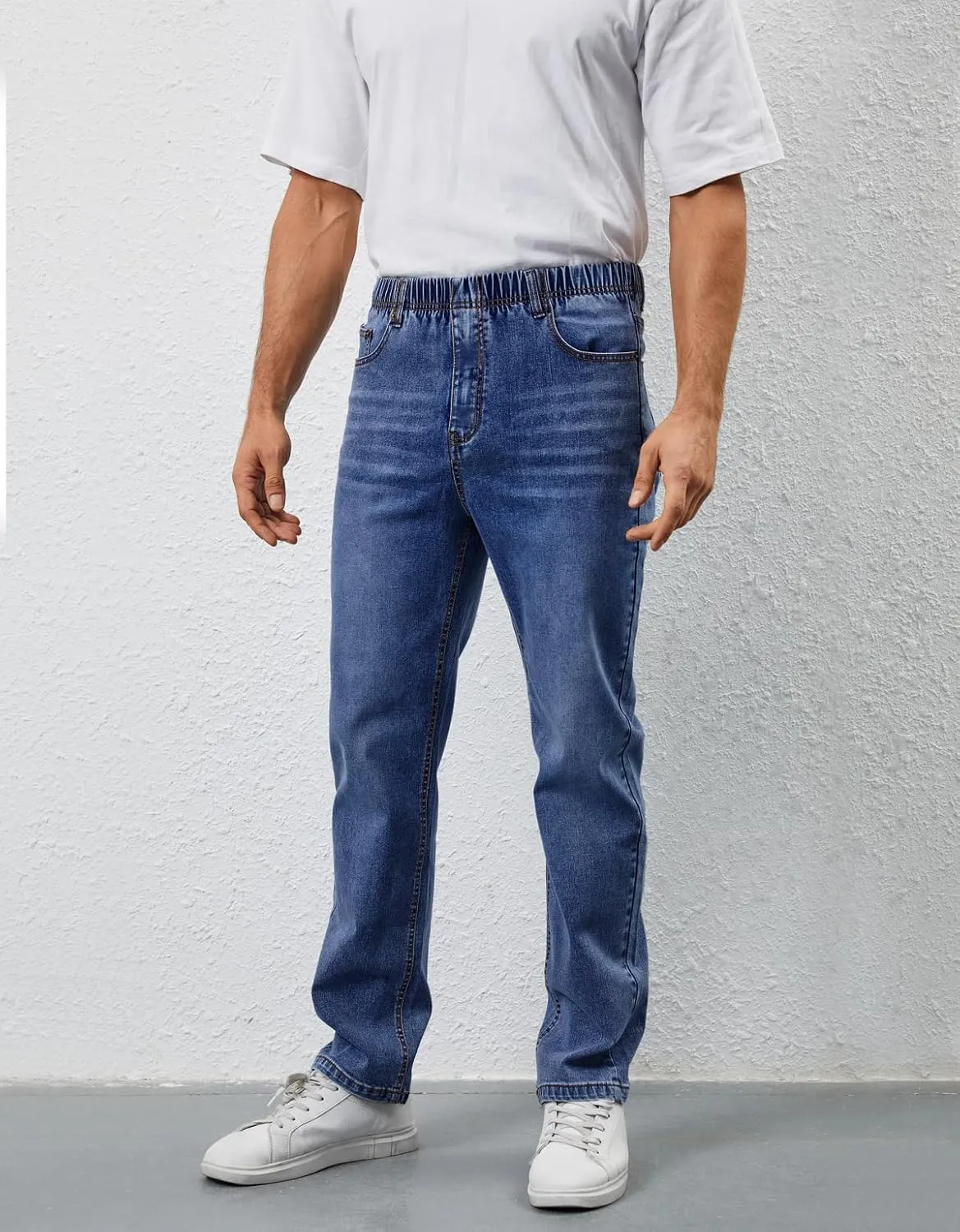 Mens Elastic Waist Jeans Relaxed Fit Stretch Denim Pants Straight Leg Jean with Zipper