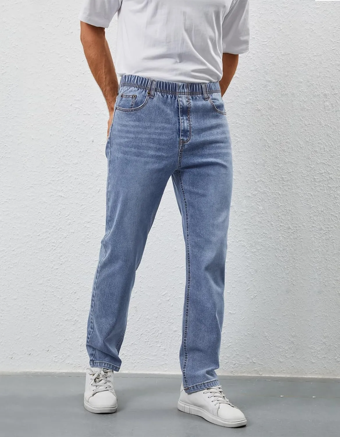 Mens Elastic Waist Jeans Relaxed Fit Stretch Denim Pants Straight Leg Jean with Zipper