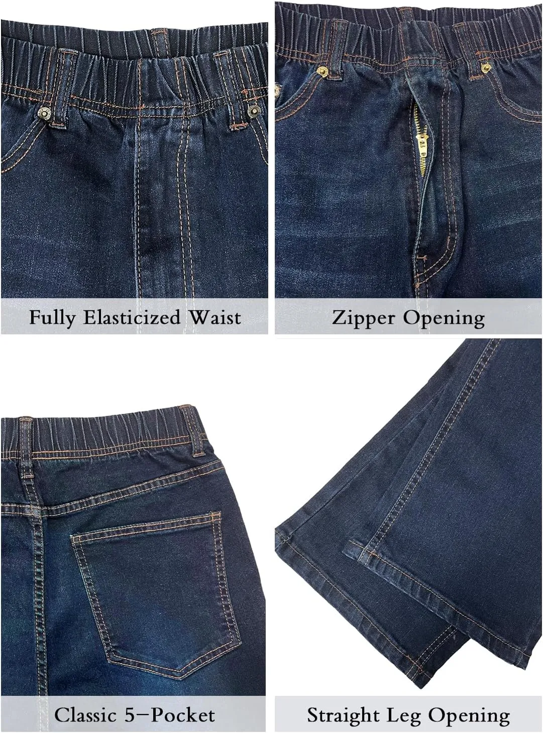 Mens Elastic Waist Jeans Relaxed Fit Stretch Denim Pants Straight Leg Jean with Zipper