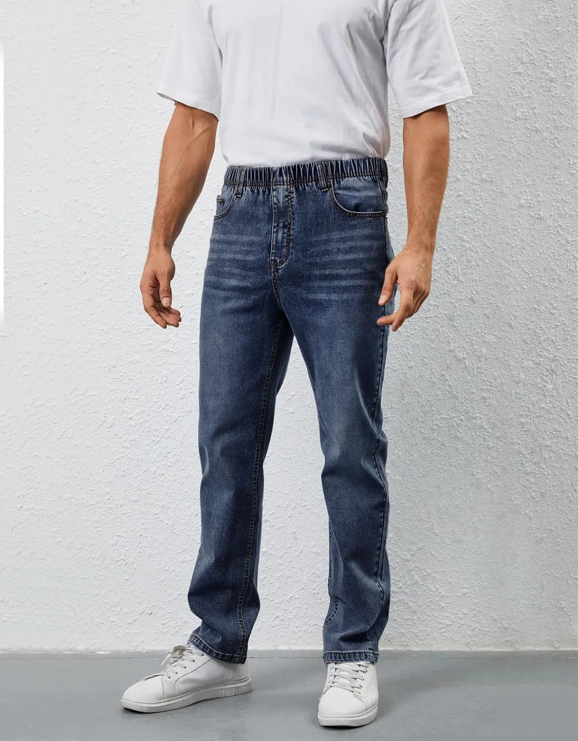 Mens Elastic Waist Jeans Relaxed Fit Stretch Denim Pants Straight Leg Jean with Zipper
