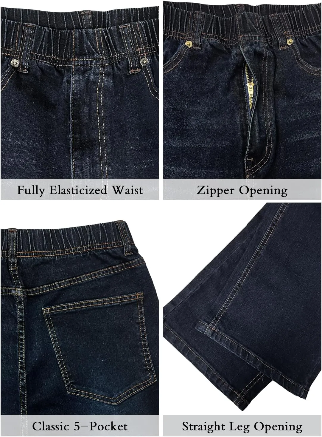 Mens Elastic Waist Jeans Relaxed Fit Stretch Denim Pants Straight Leg Jean with Zipper