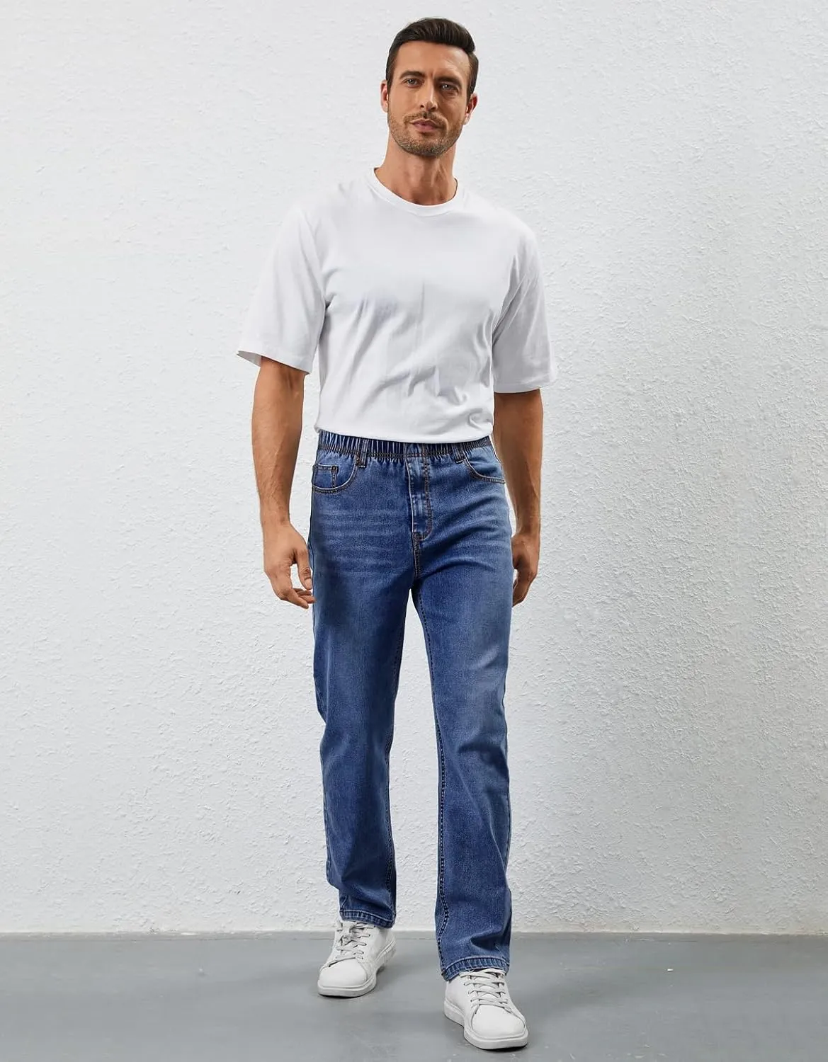 Mens Elastic Waist Jeans Relaxed Fit Stretch Denim Pants Straight Leg Jean with Zipper