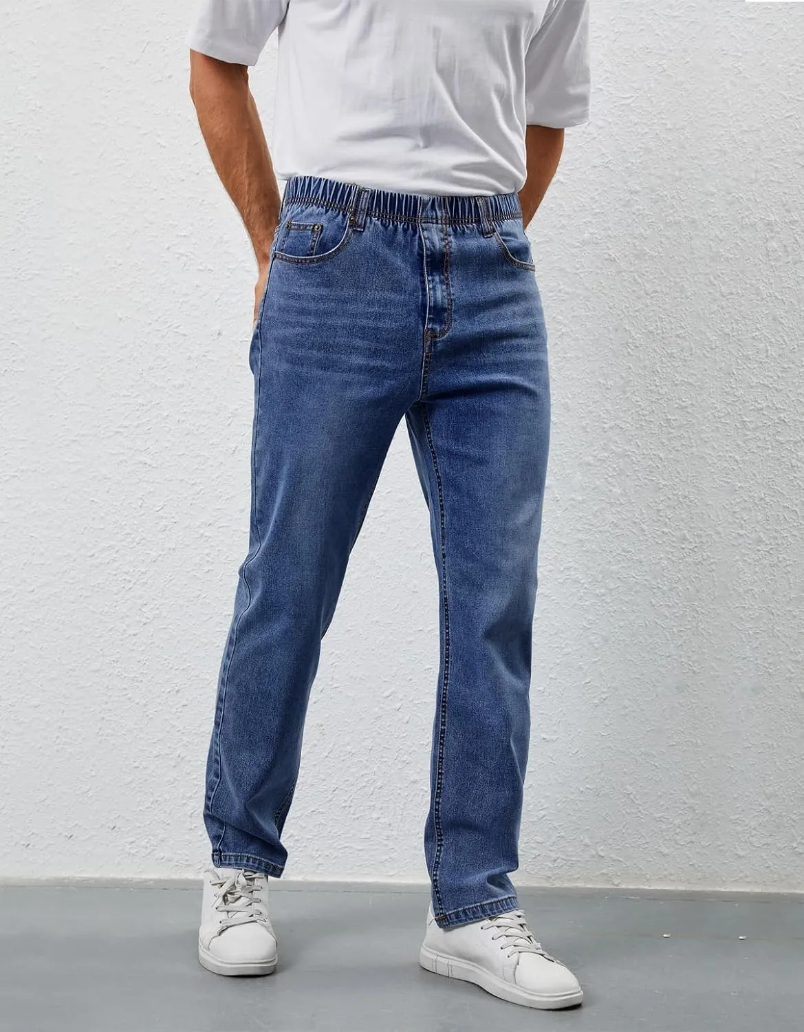 Mens Elastic Waist Jeans Relaxed Fit Stretch Denim Pants Straight Leg Jean with Zipper