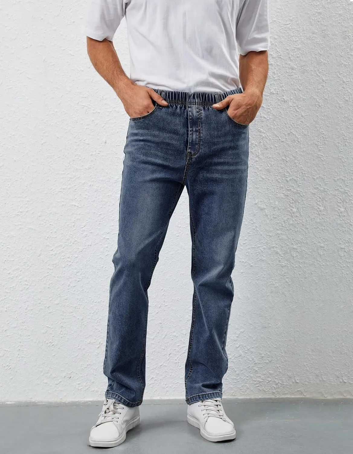 Mens Elastic Waist Jeans Relaxed Fit Stretch Denim Pants Straight Leg Jean with Zipper