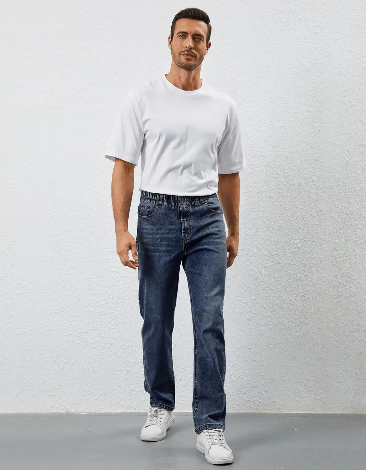 Mens Elastic Waist Jeans Relaxed Fit Stretch Denim Pants Straight Leg Jean with Zipper
