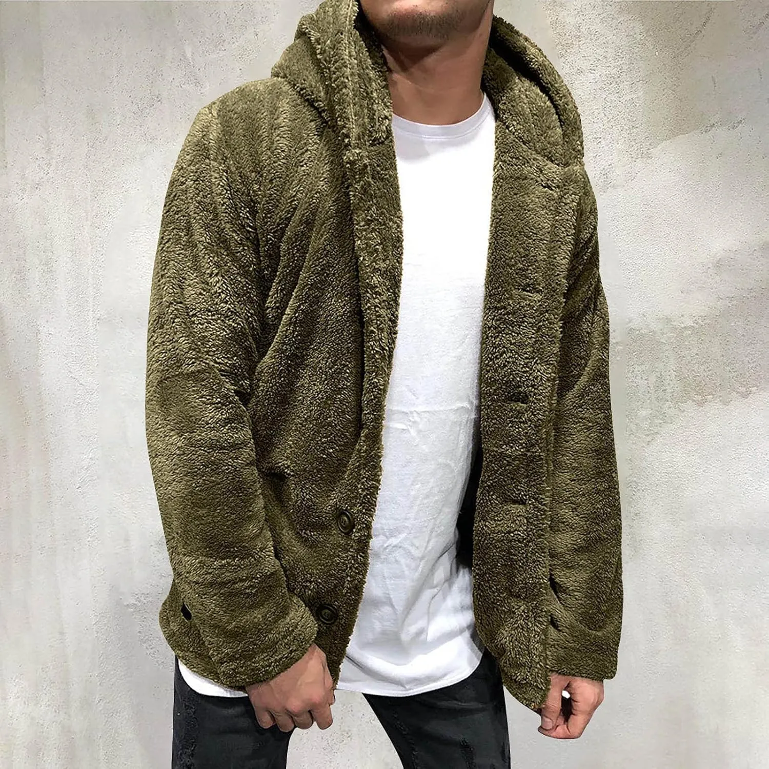Mens Fluffy Fuzzy Jacket,Plush Fleece Casual Winter Fall Button Up Cardigan Coat Soft Sherpa Outerwear