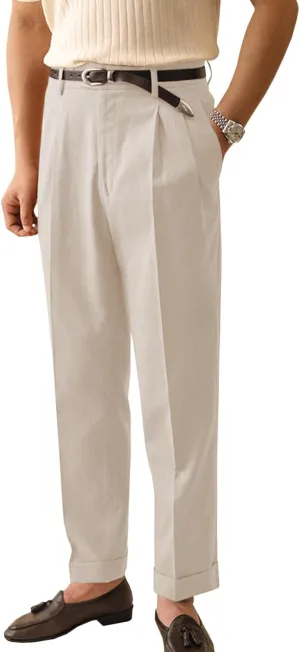 Men's Linen Dress Pants Vintage Relaxed Fit Straight Legs Linen Blend Elastic Waist Pants