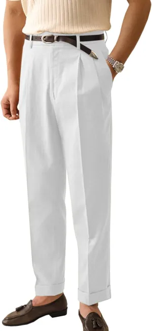 Men's Linen Dress Pants Vintage Relaxed Fit Straight Legs Linen Blend Elastic Waist Pants