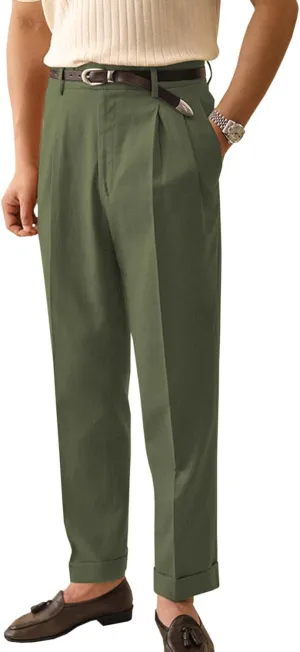 Men's Linen Dress Pants Vintage Relaxed Fit Straight Legs Linen Blend Elastic Waist Pants