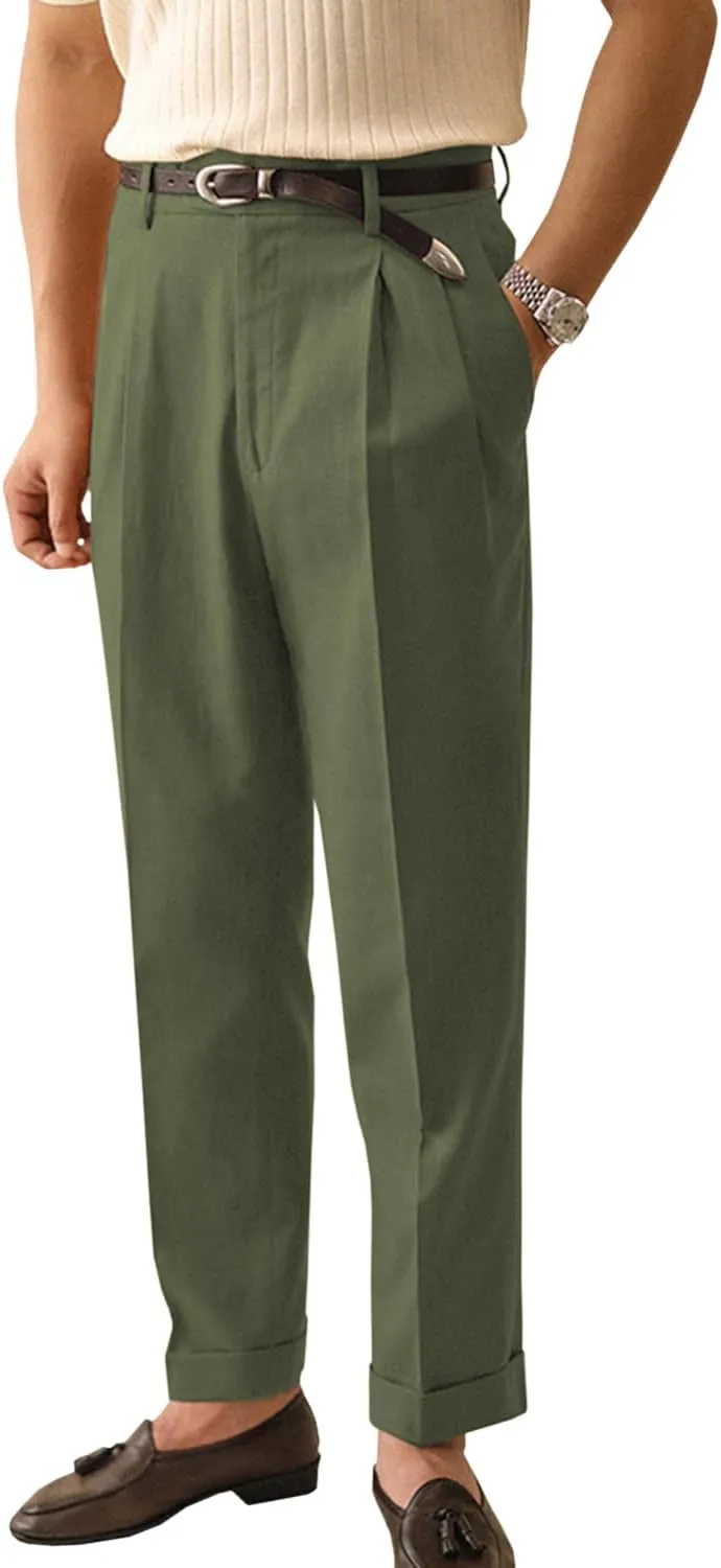 Men's Linen Dress Pants Vintage Relaxed Fit Straight Legs Linen Blend Elastic Waist Pants