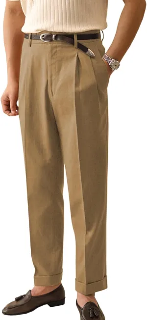 Men's Linen Dress Pants Vintage Relaxed Fit Straight Legs Linen Blend Elastic Waist Pants