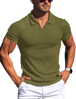 Men's Muscle V Neck Polo Shirts Slim Fit Short Long Sleeve Cotton Golf T-Shirts Ribbed Knit Soft Tees