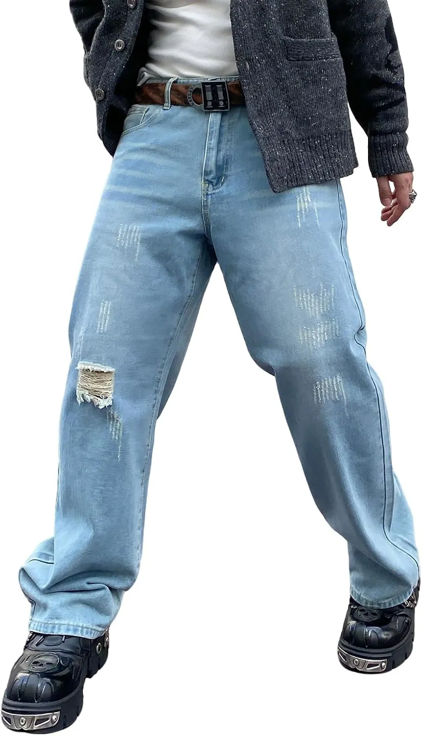 Men's Ripped Jeans Y2K Vintage Regular Fit Denim Pants Distressed Destroyed Jeans Trousers Blue M