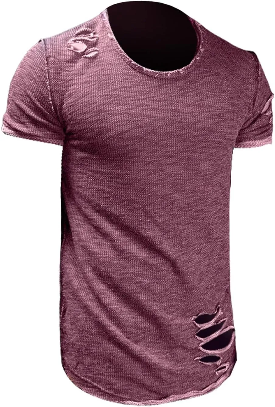 Mens Ripped T-Shirt Short Sleeve Muscle Fit Crew Neck Fashion Solid Street Hipster Tees Dressy Casual Outdoor Versatile Tops