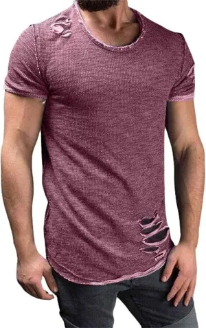 Mens Ripped T-Shirt Short Sleeve Muscle Fit Crew Neck Fashion Solid Street Hipster Tees Dressy Casual Outdoor Versatile Tops