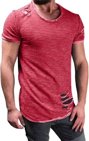 Mens Ripped T-Shirt Short Sleeve Muscle Fit Crew Neck Fashion Solid Street Hipster Tees Dressy Casual Outdoor Versatile Tops