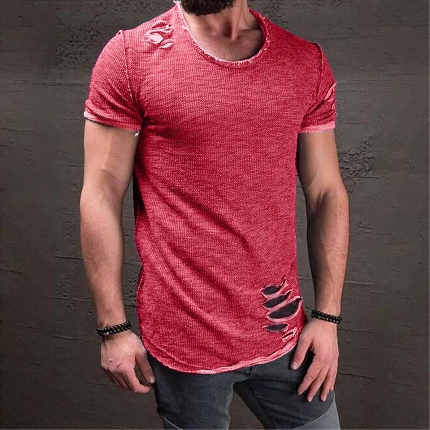 Mens Ripped T-Shirt Short Sleeve Muscle Fit Crew Neck Fashion Solid Street Hipster Tees Dressy Casual Outdoor Versatile Tops