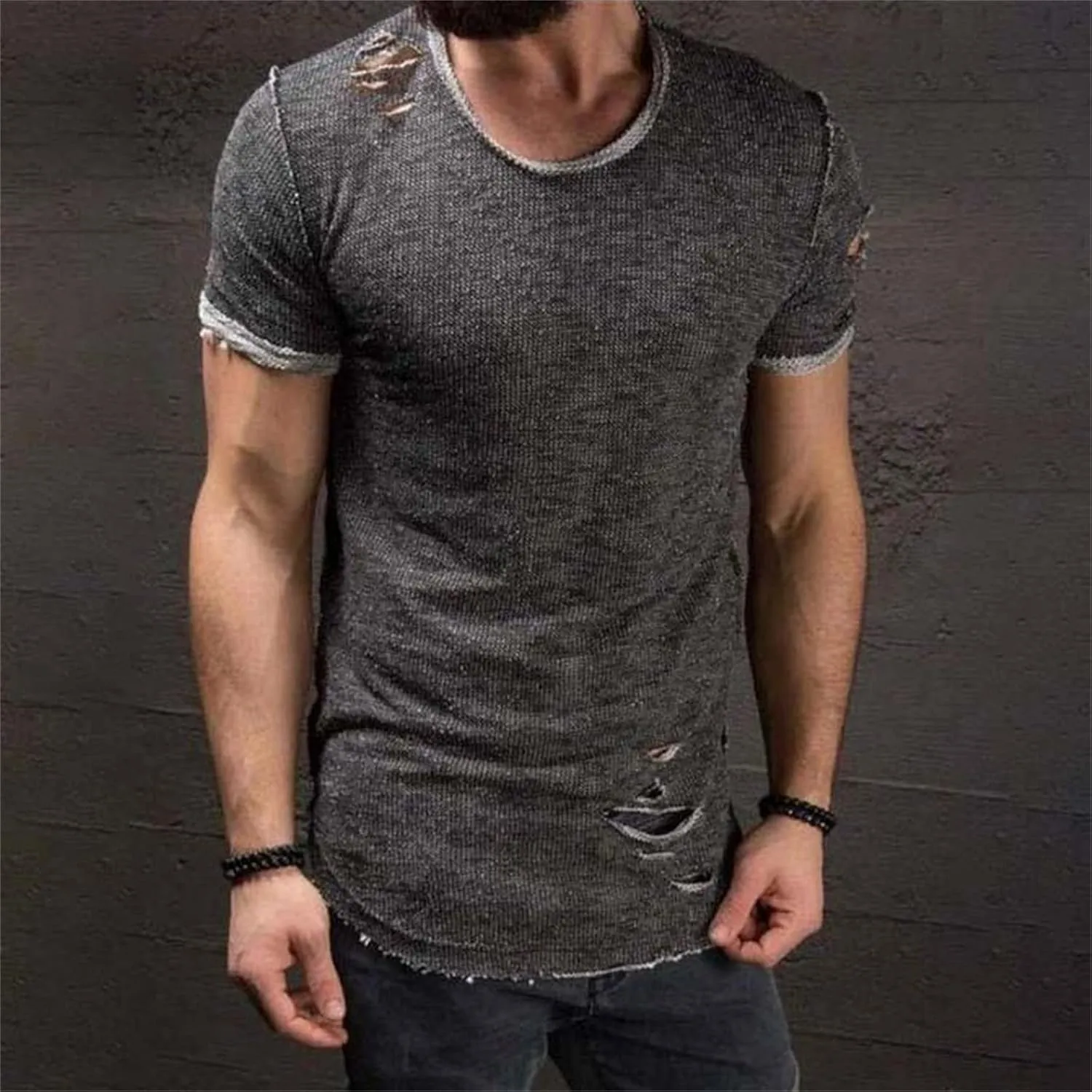 Mens Ripped T-Shirt Short Sleeve Muscle Fit Crew Neck Fashion Solid Street Hipster Tees Dressy Casual Outdoor Versatile Tops