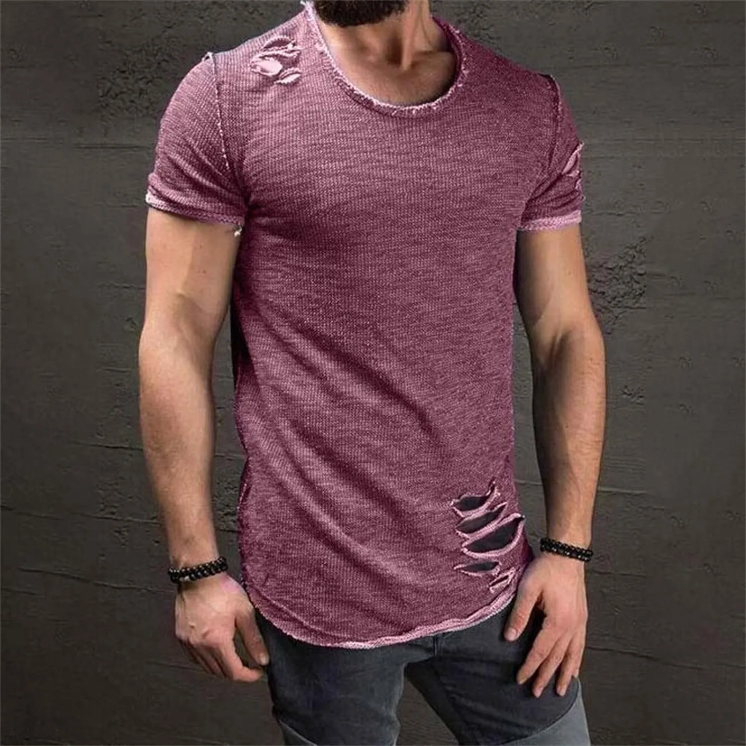 Mens Ripped T-Shirt Short Sleeve Muscle Fit Crew Neck Fashion Solid Street Hipster Tees Dressy Casual Outdoor Versatile Tops
