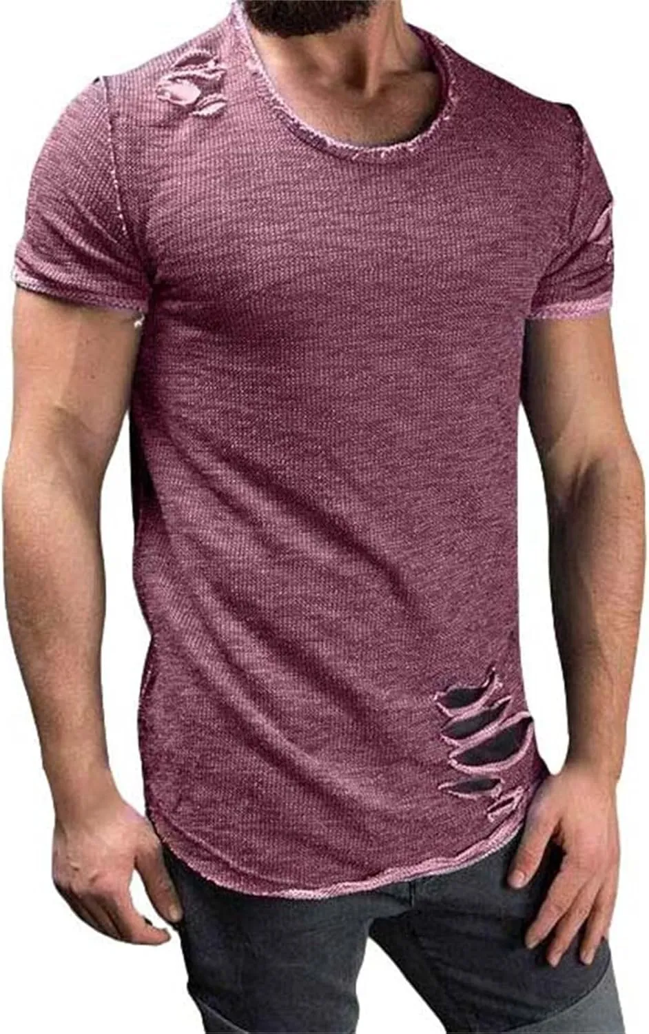 Mens Ripped T-Shirt Short Sleeve Muscle Fit Crew Neck Fashion Solid Street Hipster Tees Dressy Casual Outdoor Versatile Tops
