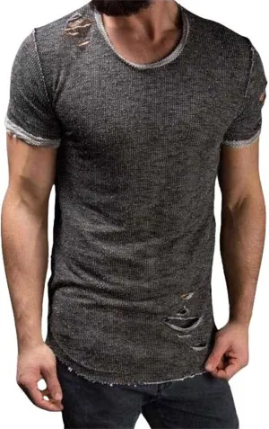 Mens Ripped T-Shirt Short Sleeve Muscle Fit Crew Neck Fashion Solid Street Hipster Tees Dressy Casual Outdoor Versatile Tops