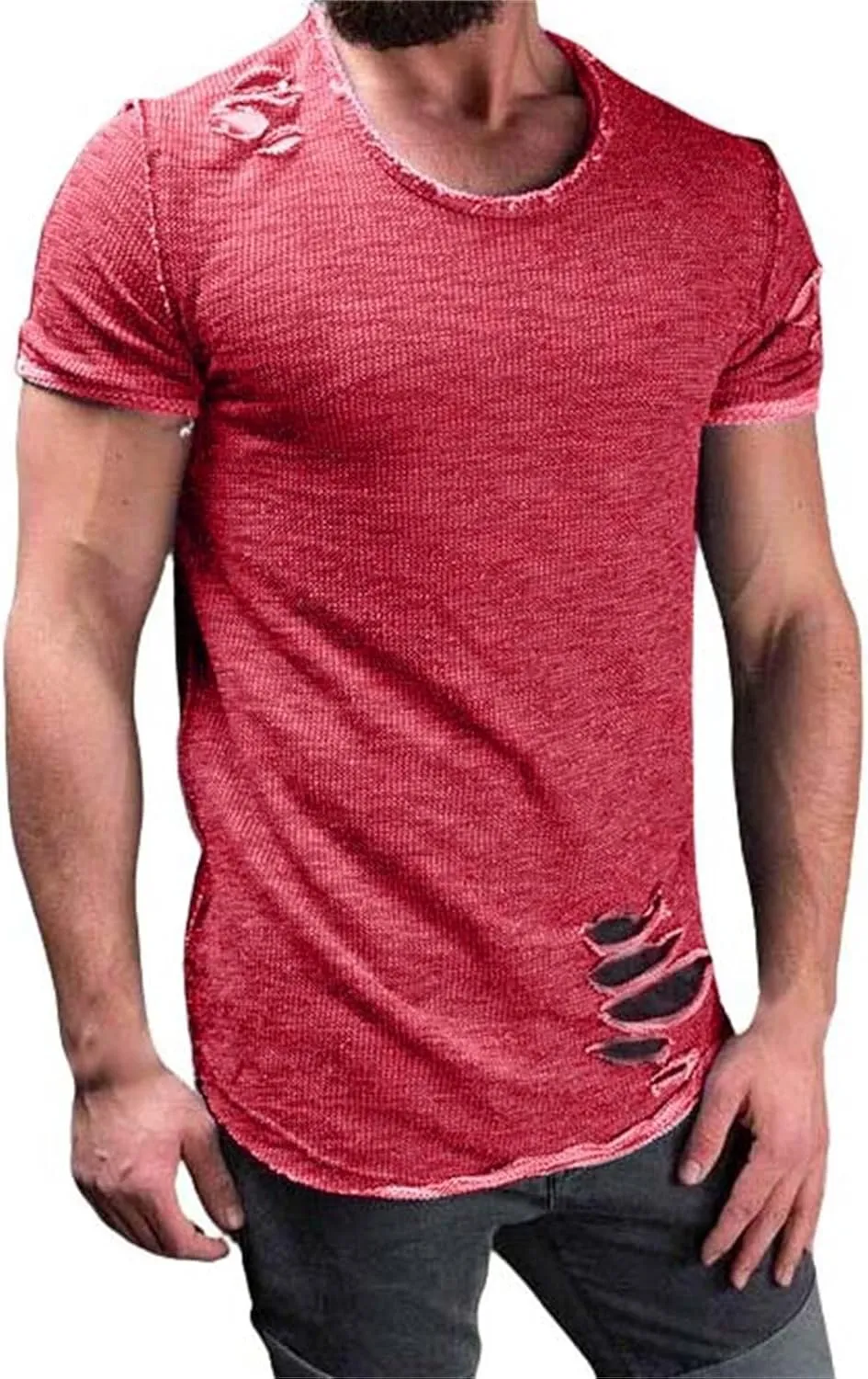 Mens Ripped T-Shirt Short Sleeve Muscle Fit Crew Neck Fashion Solid Street Hipster Tees Dressy Casual Outdoor Versatile Tops