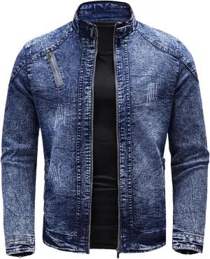 Men's Spring Retro Zipper Stand Collar Motorcycle Denim Jacket Cotton Casual Slim Comfortable Flight Jacket