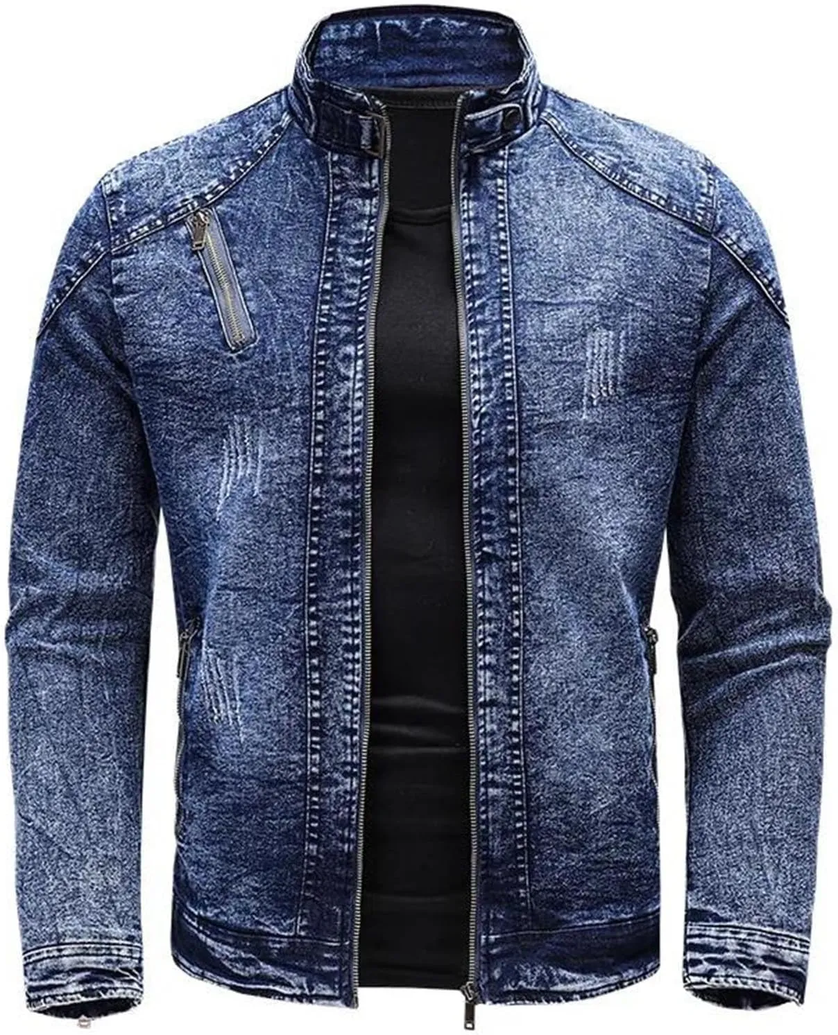Men's Spring Retro Zipper Stand Collar Motorcycle Denim Jacket Cotton Casual Slim Comfortable Flight Jacket