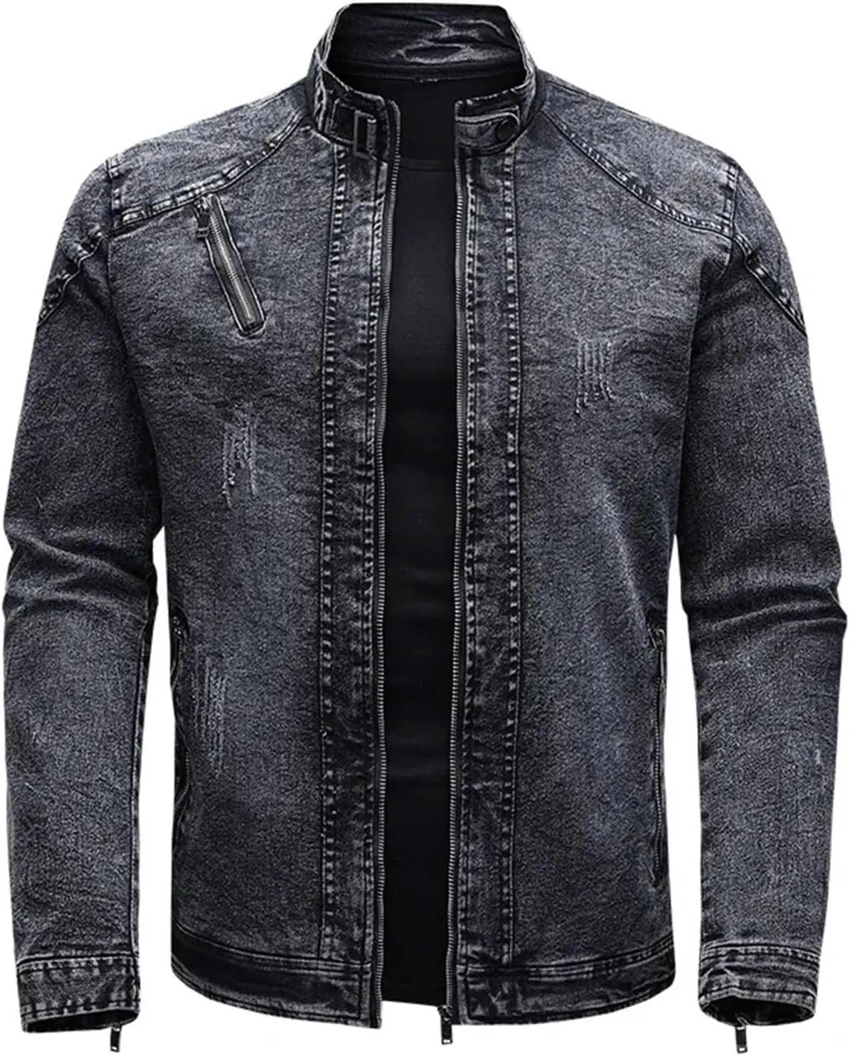 Men's Spring Retro Zipper Stand Collar Motorcycle Denim Jacket Cotton Casual Slim Comfortable Flight Jacket