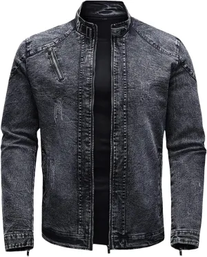 Men's Spring Retro Zipper Stand Collar Motorcycle Denim Jacket Cotton Casual Slim Comfortable Flight Jacket