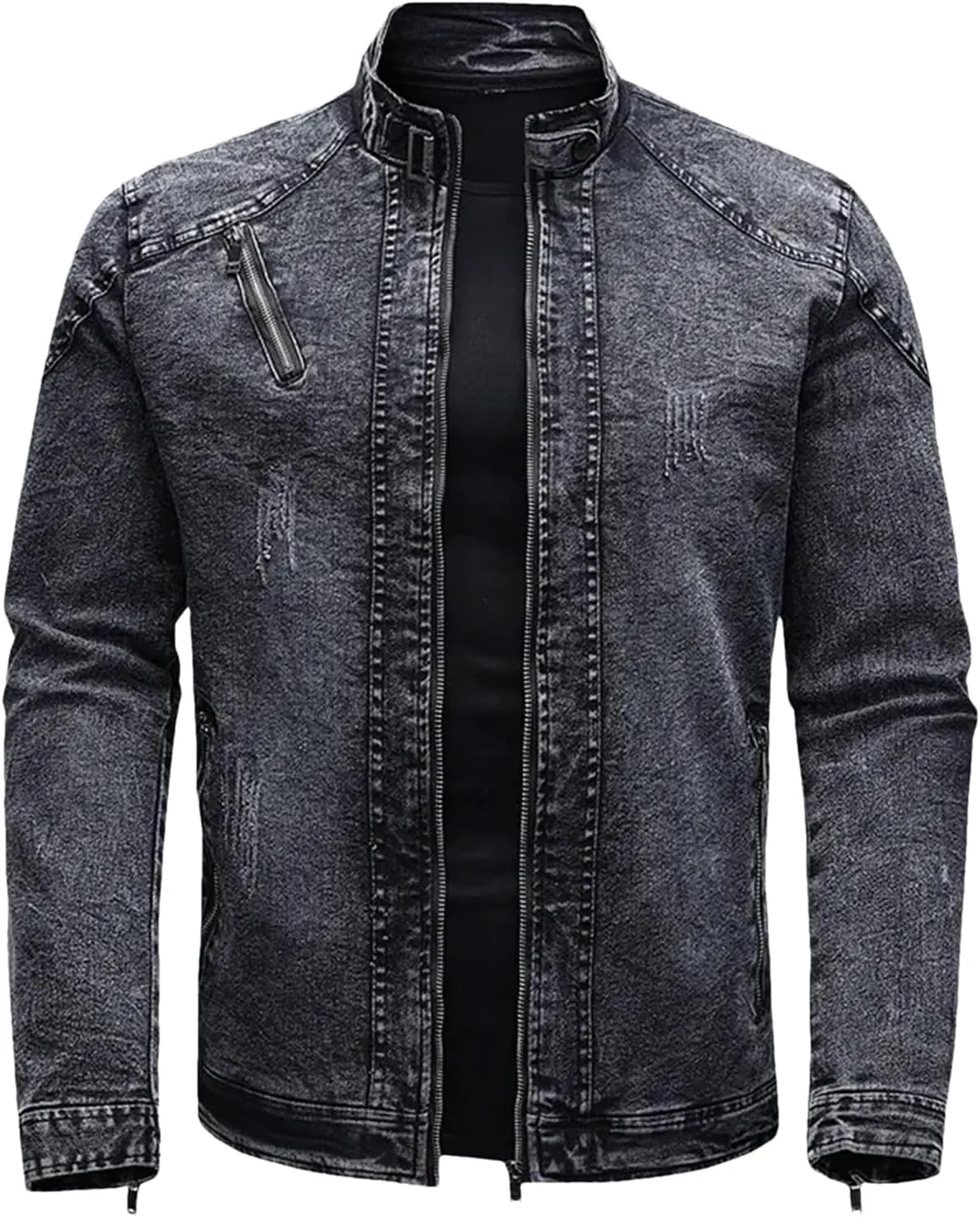 Men's Spring Retro Zipper Stand Collar Motorcycle Denim Jacket Cotton Casual Slim Comfortable Flight Jacket
