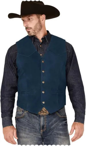 Men's Suede Leather Vest Slim Fit V-Neck Western Cowboy Waistcoat for Wedding Prom