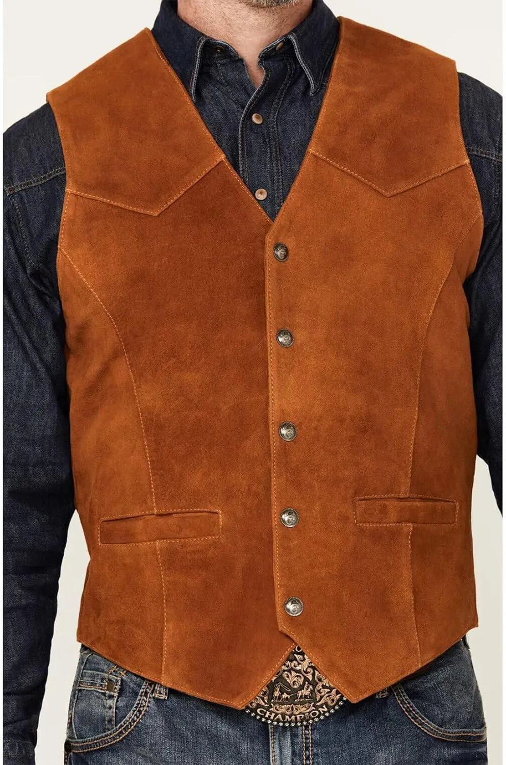 Men's Suede Leather Vest Slim Fit V-Neck Western Cowboy Waistcoat for Wedding Prom