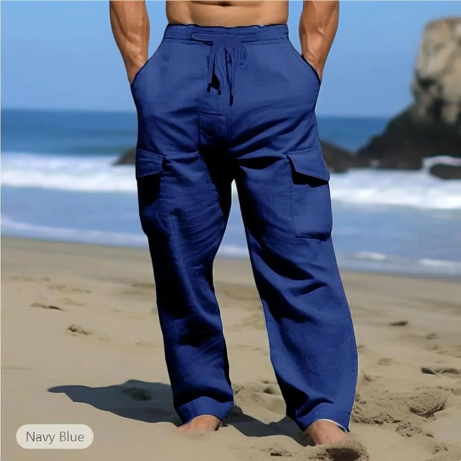 Men's Summer Cotton Pants Pull Rope Multi-Pocket Straight Leg Daily Outdoor Hemp Casual Pants 2025