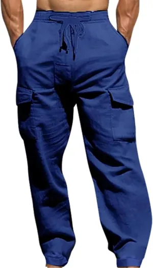 Men's Summer Cotton Pants Pull Rope Multi-Pocket Straight Leg Daily Outdoor Hemp Casual Pants 2025