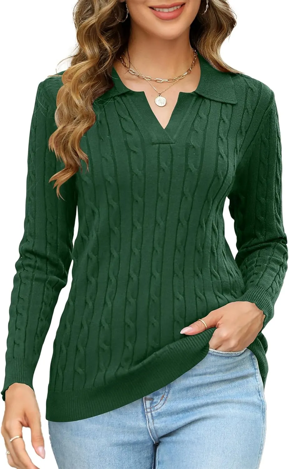 Micoson Womens Fall Long Sleeve Sweaters Lapel V Neck Cable Knitted Pullover Casual Soft Jumper Top
