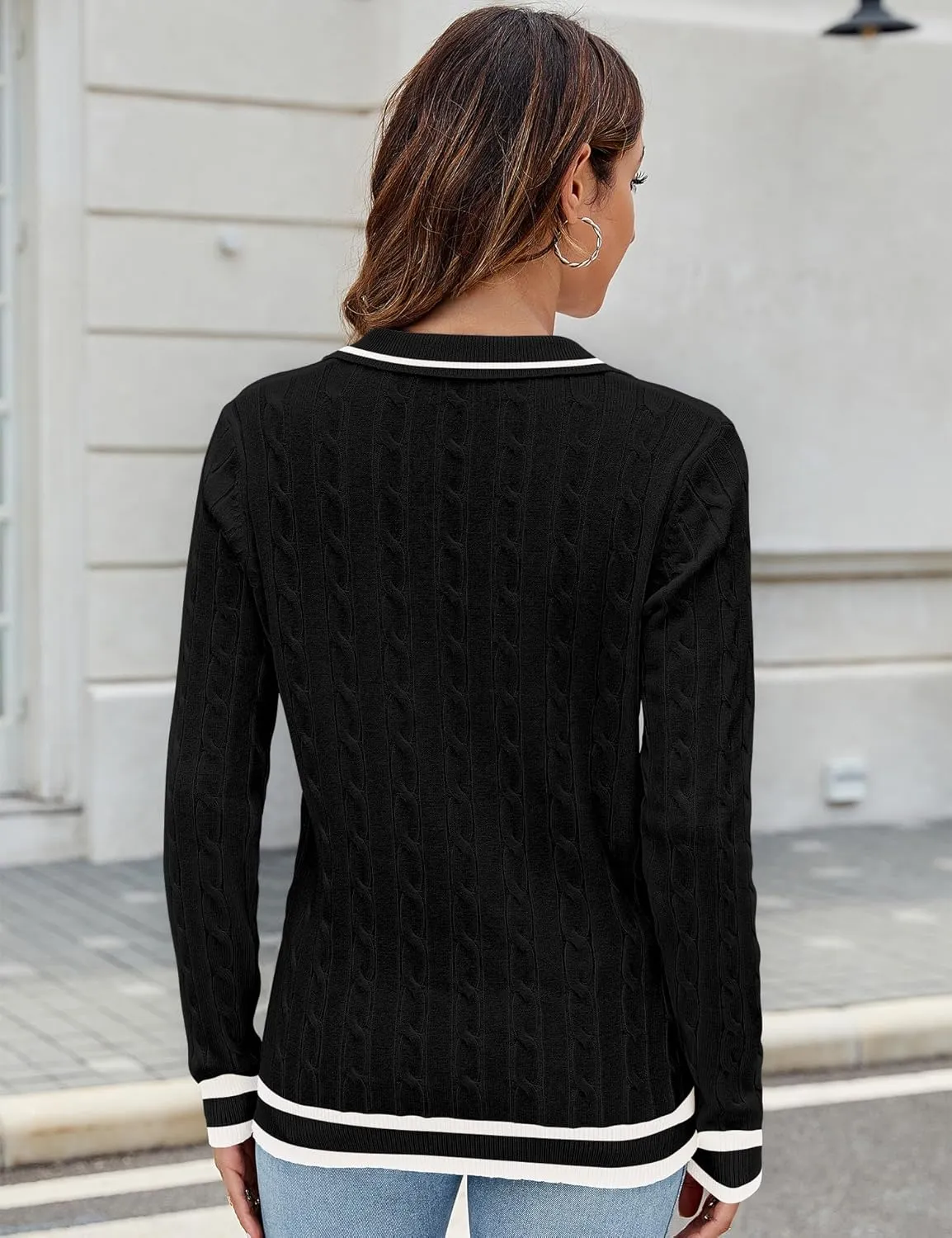 Micoson Womens Fall Long Sleeve Sweaters Lapel V Neck Cable Knitted Pullover Casual Soft Jumper Top