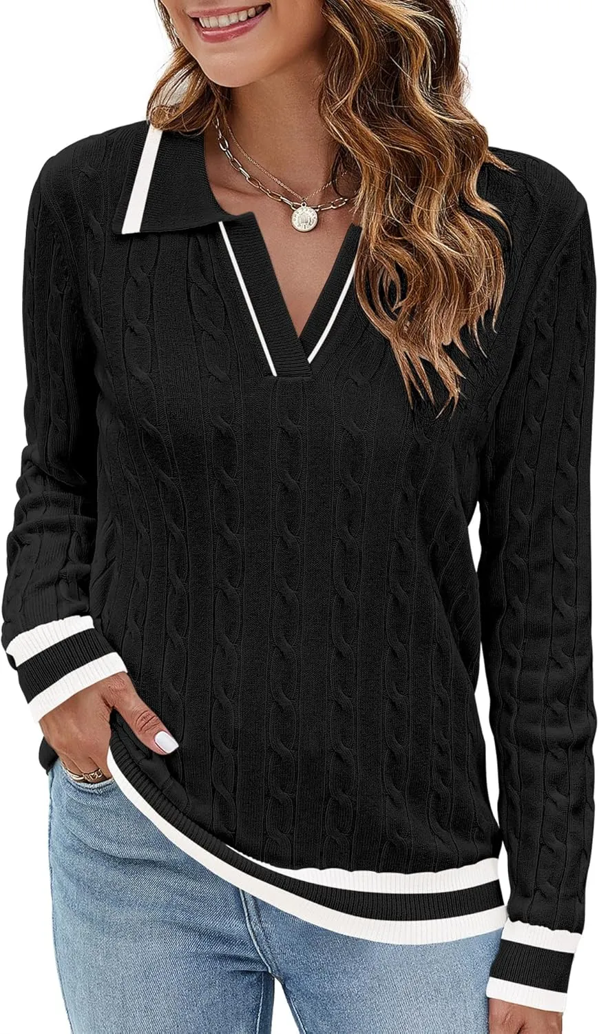 Micoson Womens Fall Long Sleeve Sweaters Lapel V Neck Cable Knitted Pullover Casual Soft Jumper Top
