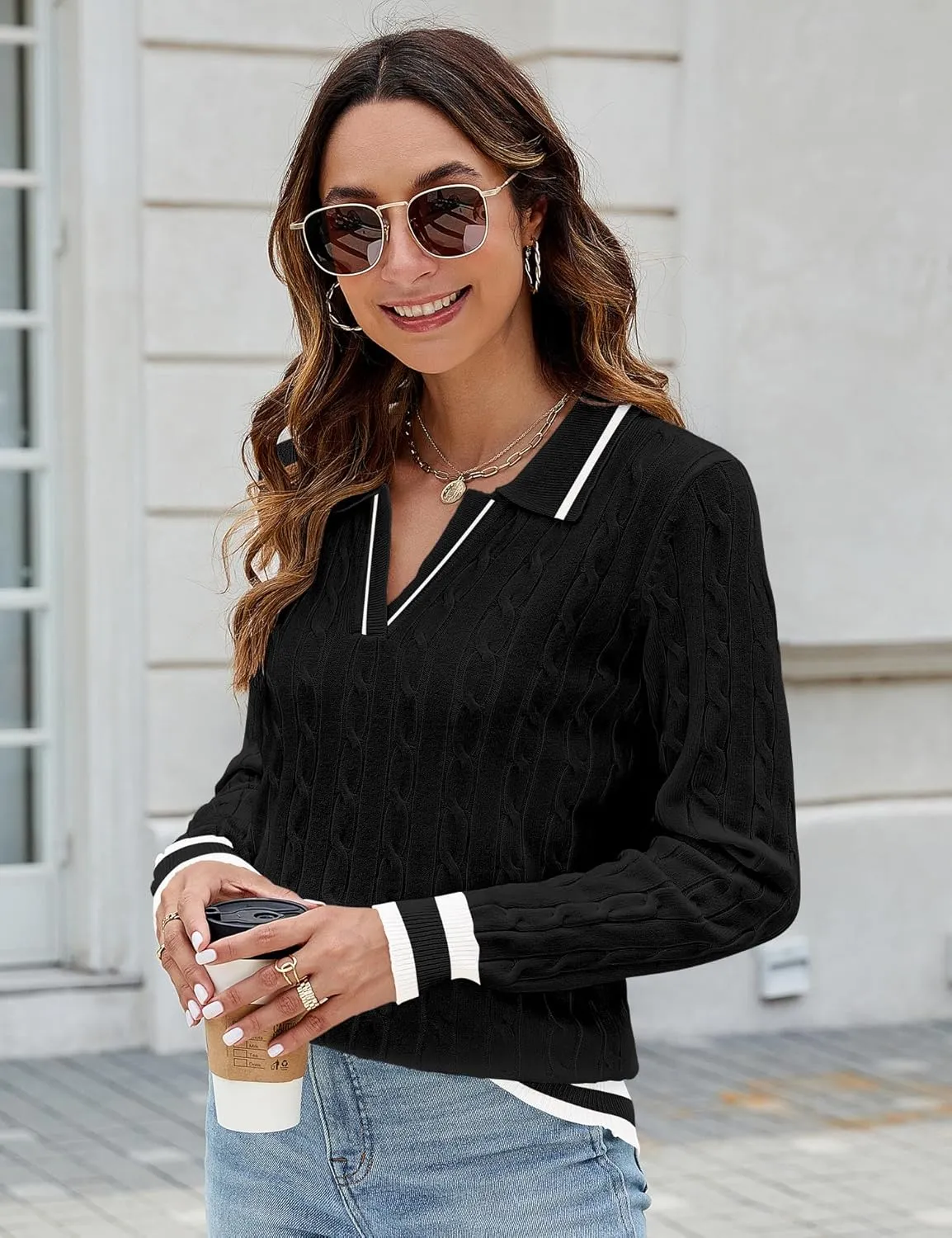 Micoson Womens Fall Long Sleeve Sweaters Lapel V Neck Cable Knitted Pullover Casual Soft Jumper Top