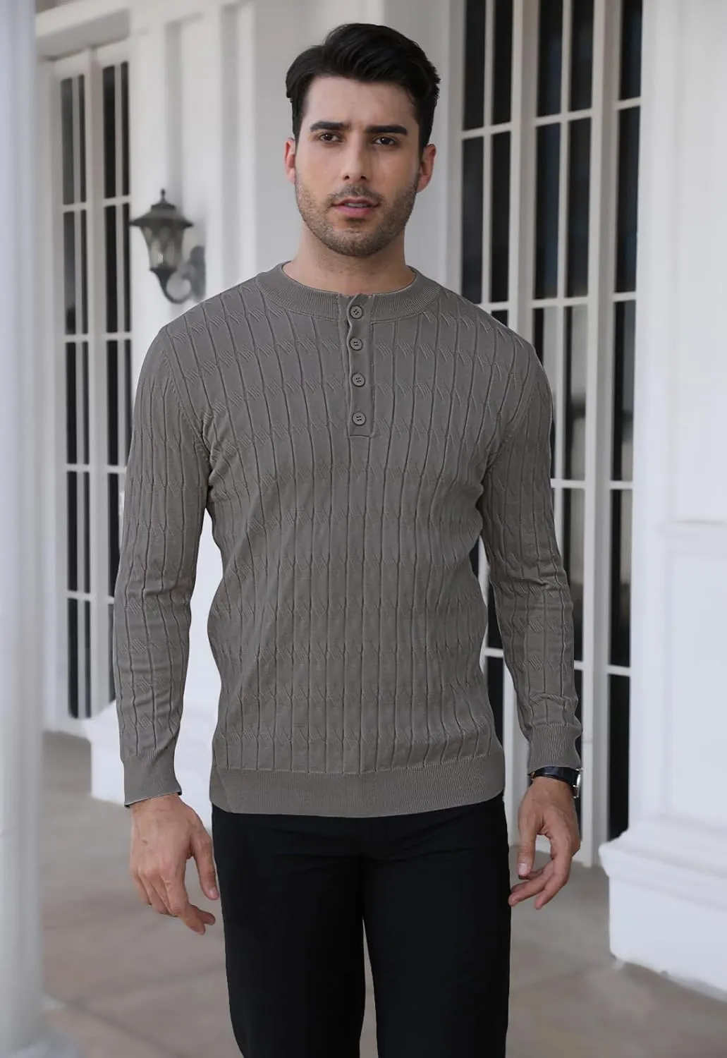 MLANM Men's Henley Knit Sweaters Long Sleeve Pullover Sweater Casual Fashion Thermal Sweaters
