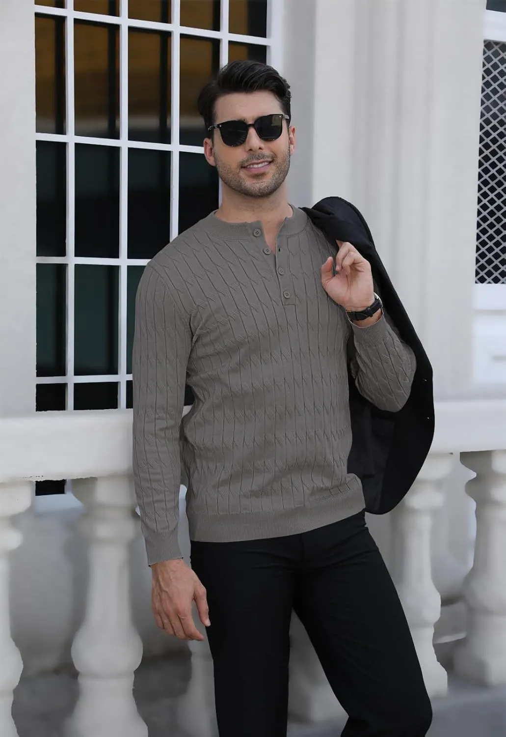 MLANM Men's Henley Knit Sweaters Long Sleeve Pullover Sweater Casual Fashion Thermal Sweaters