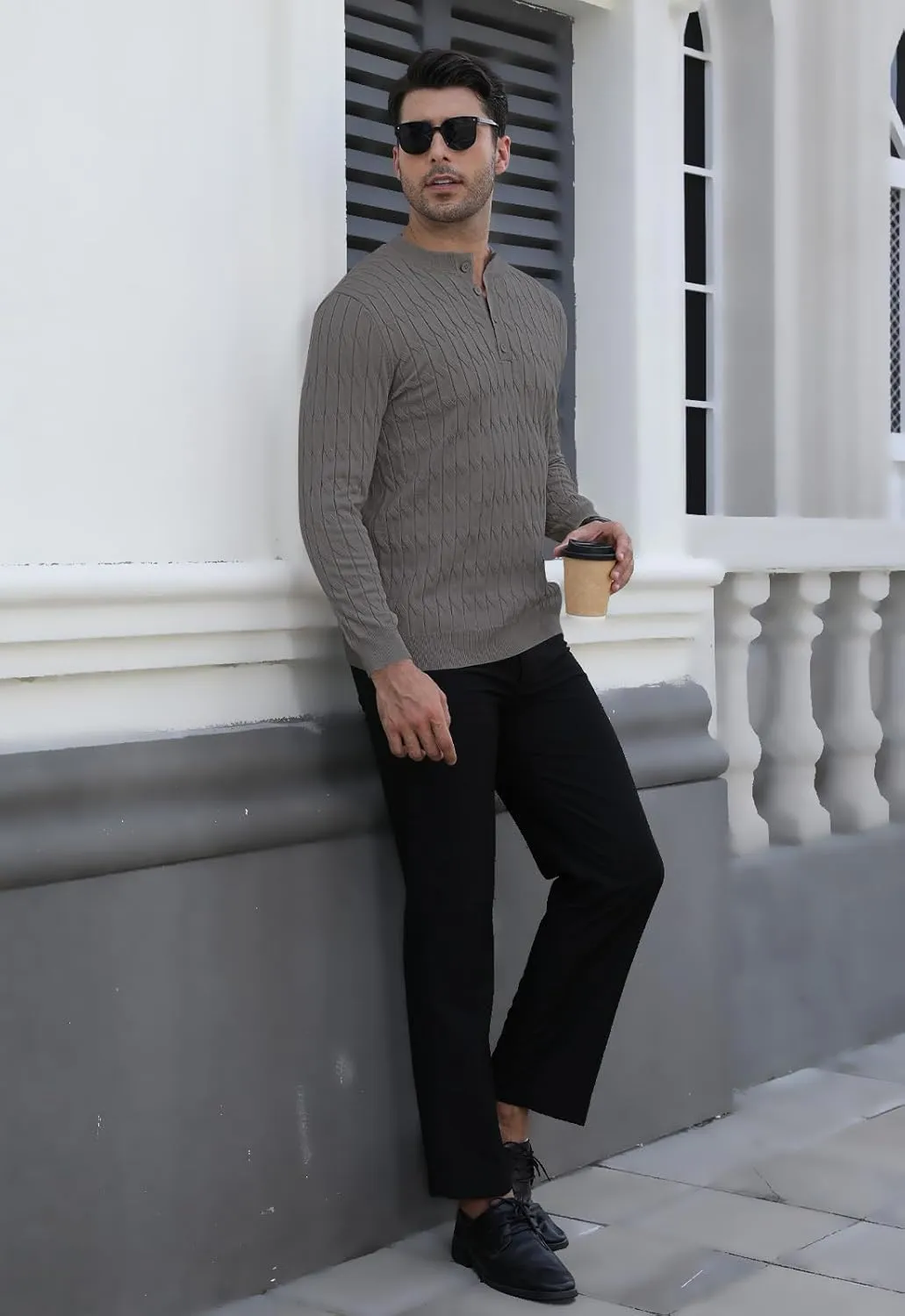 MLANM Men's Henley Knit Sweaters Long Sleeve Pullover Sweater Casual Fashion Thermal Sweaters