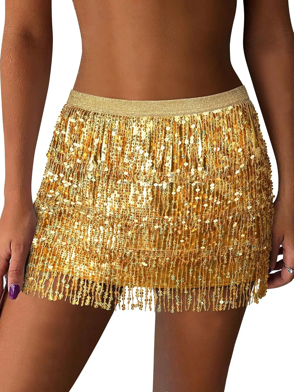 MYMORE Womens Sparkly Sequin Fringe Skirt - Black Rave Concert Disco Space Cowgirl Outfit Glitter Tassel Mini Skirts