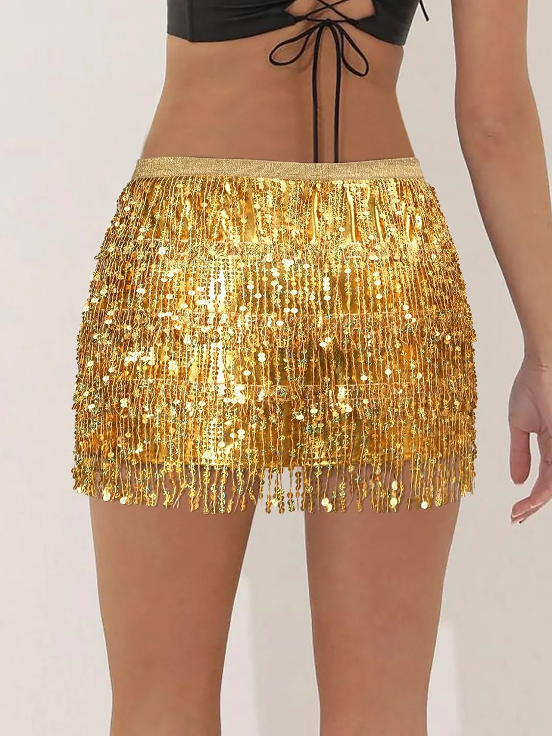 MYMORE Womens Sparkly Sequin Fringe Skirt - Black Rave Concert Disco Space Cowgirl Outfit Glitter Tassel Mini Skirts