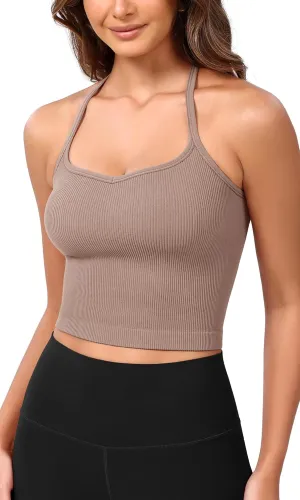 ODODOS Seamless Sweetheart Neck Crop Tank for Women Ribbed Strappy Racerback Cropped Cami Tops