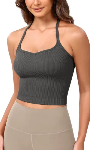 ODODOS Seamless Sweetheart Neck Crop Tank for Women Ribbed Strappy Racerback Cropped Cami Tops