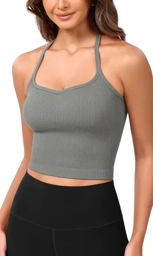 ODODOS Seamless Sweetheart Neck Crop Tank for Women Ribbed Strappy Racerback Cropped Cami Tops