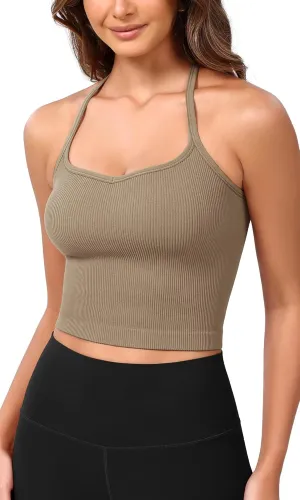 ODODOS Seamless Sweetheart Neck Crop Tank for Women Ribbed Strappy Racerback Cropped Cami Tops