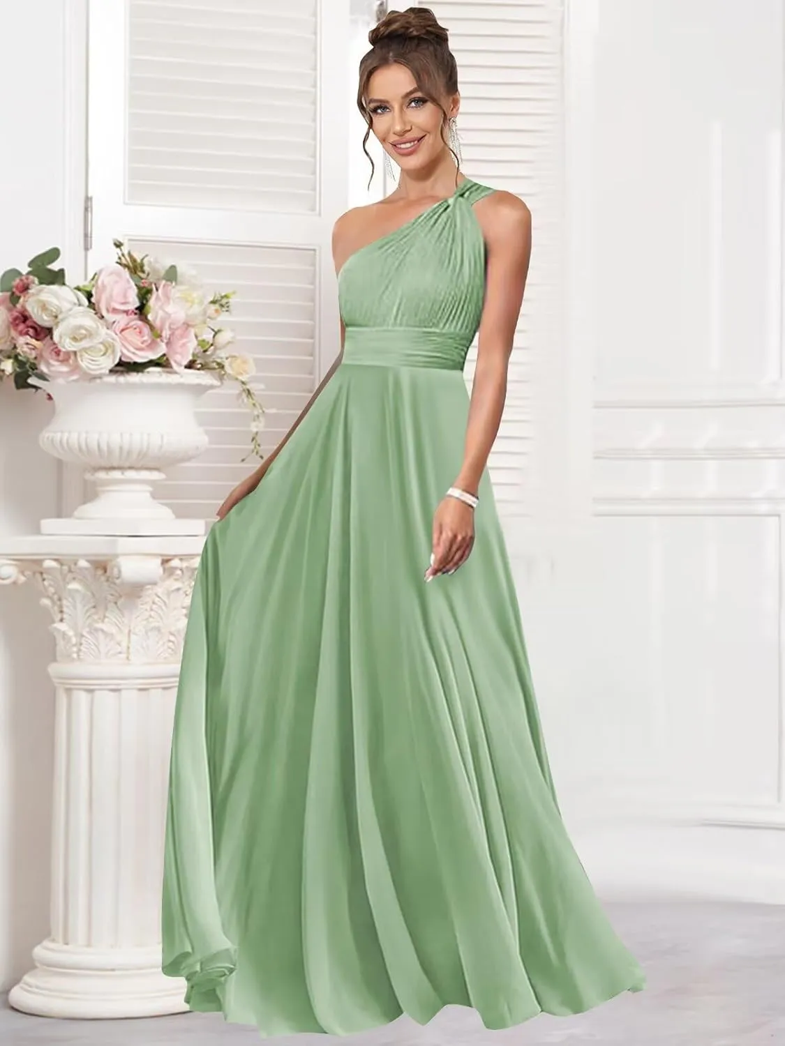 One Shoulder Bridesmaid Dresses for Wedding Chiffon A Line Pleated Long Formal Prom Dress with Pockets