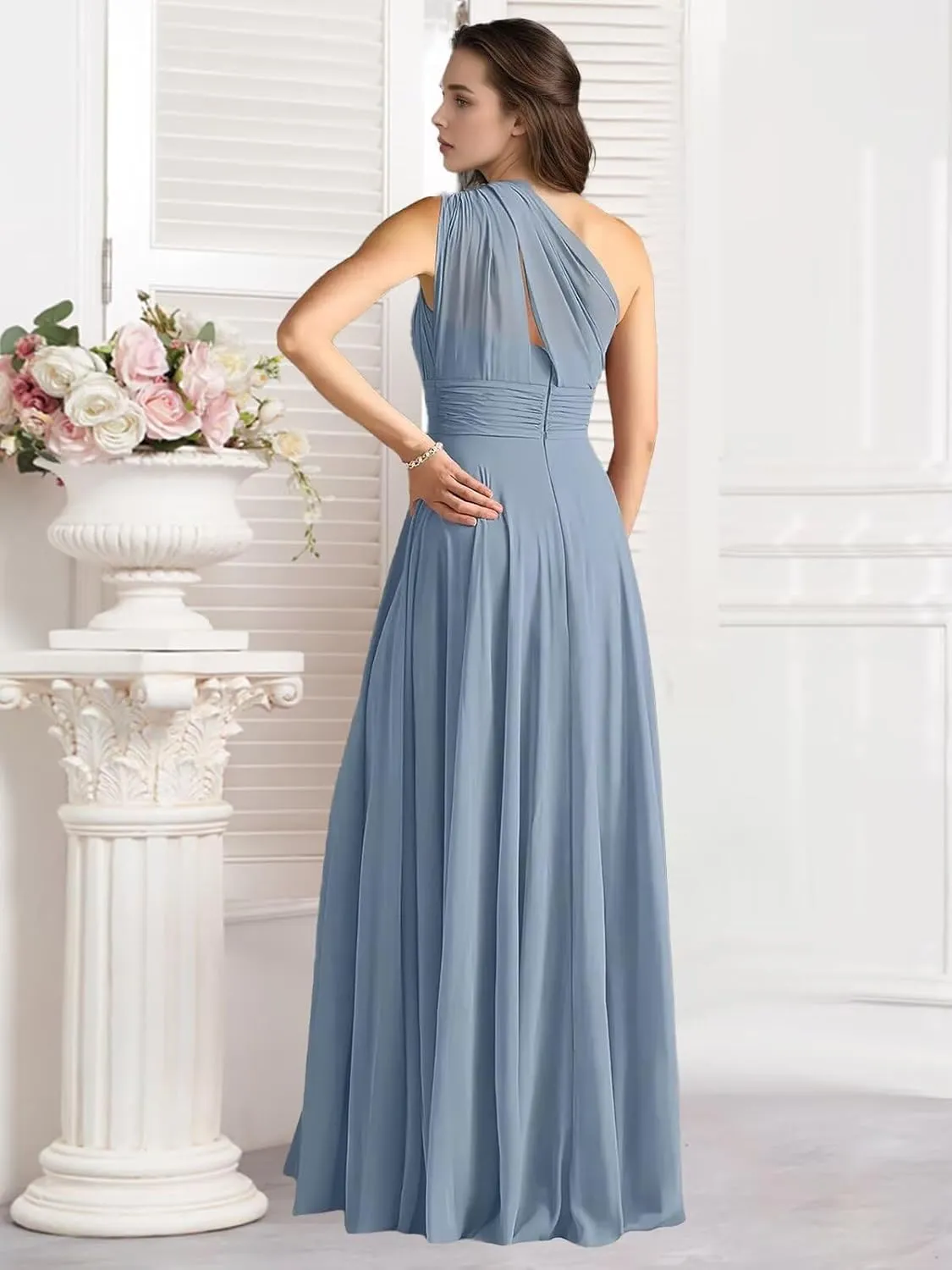One Shoulder Bridesmaid Dresses for Wedding Chiffon A Line Pleated Long Formal Prom Dress with Pockets